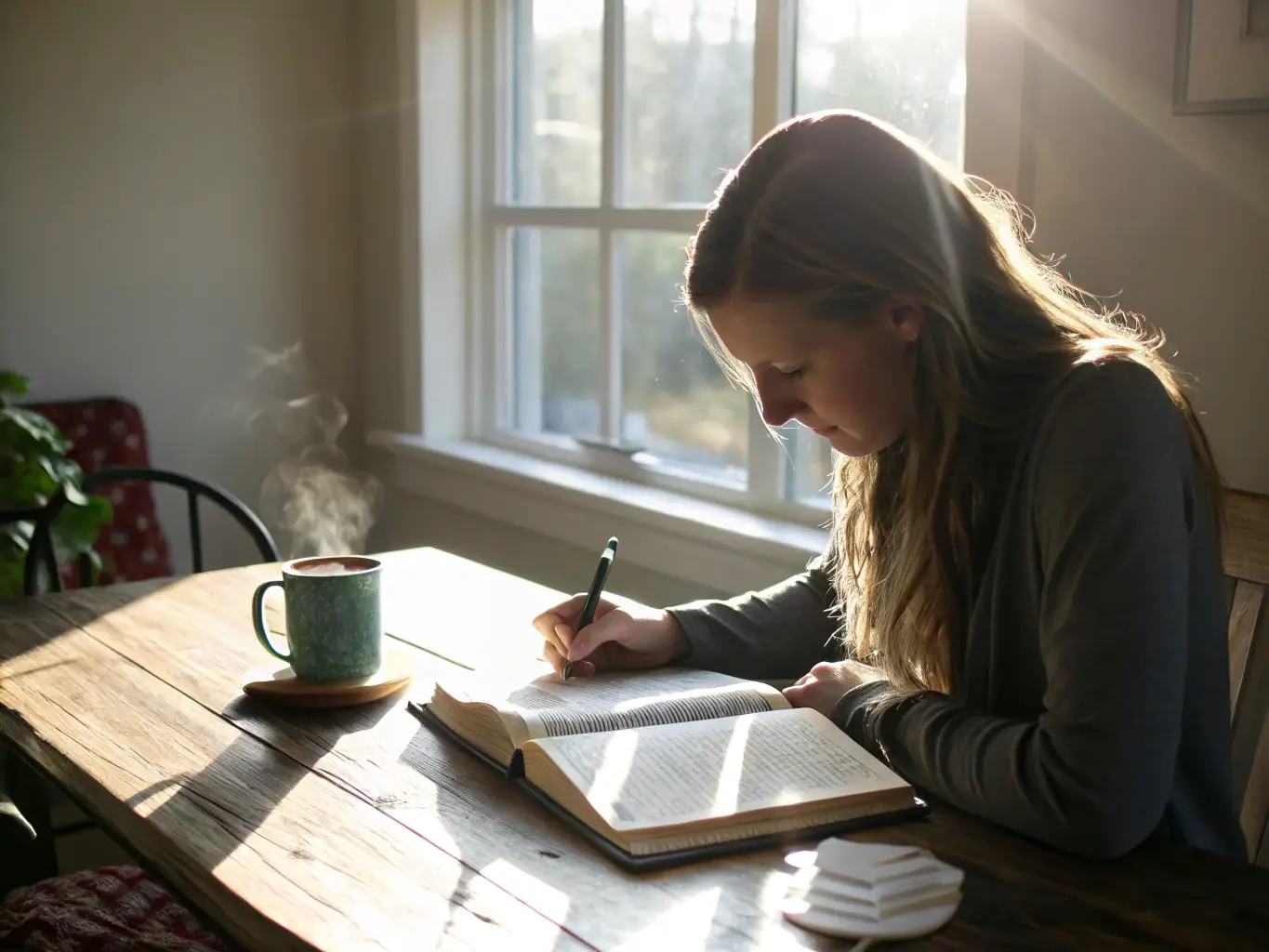 A serene image of a person studying the Bible with a cup of coffee, symbolizing focused learning and spiritual growth.