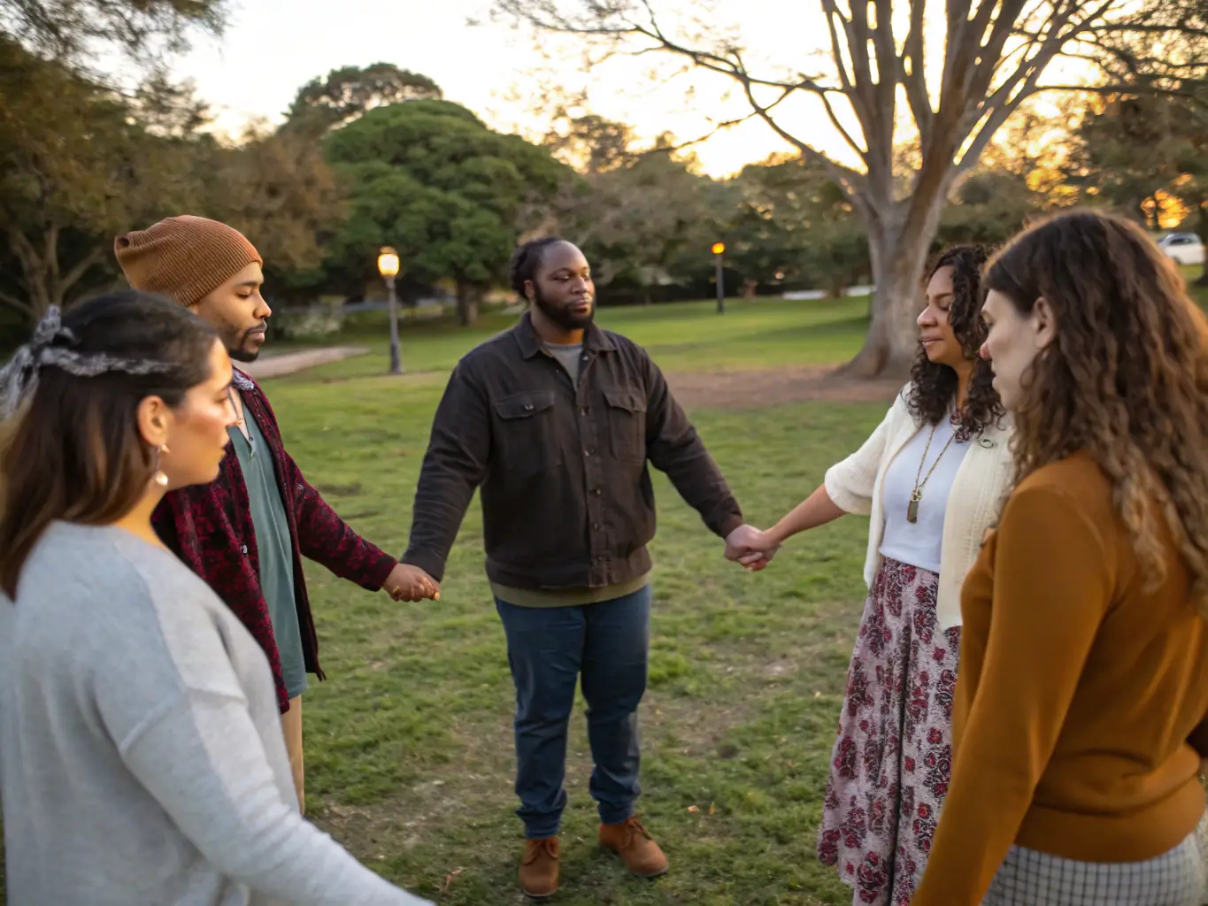 An image of a group of people praying together, symbolizing community support and shared faith.